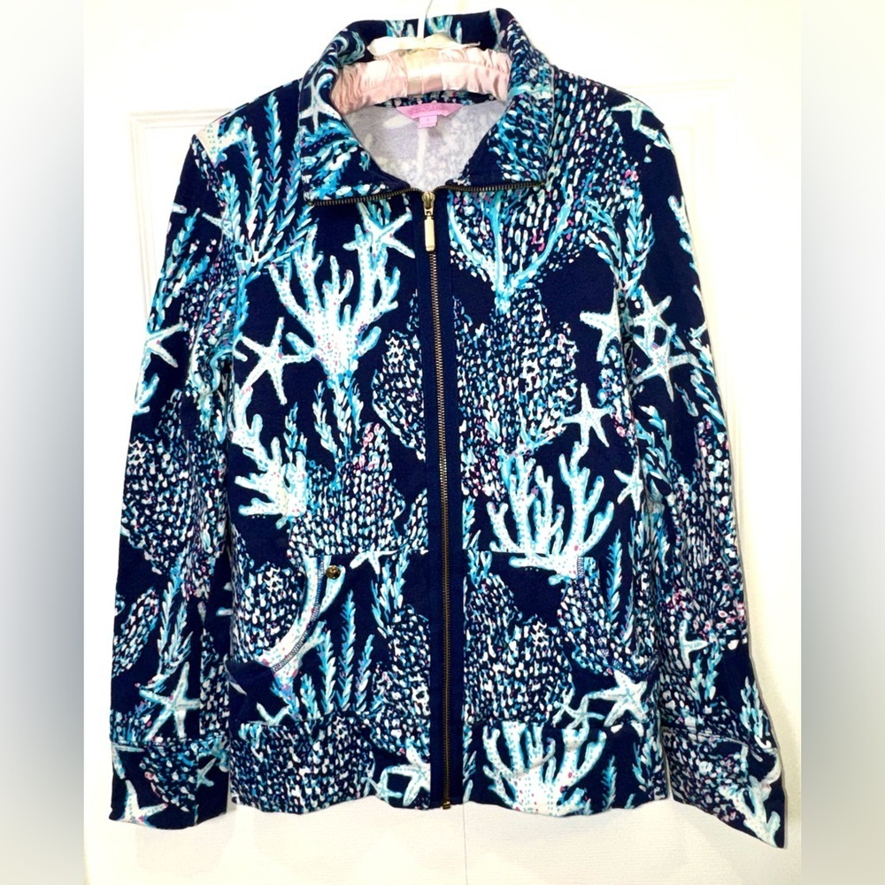 Lilly Pulitzer Leona Zip-Up Jacket Bright Navy Good Reef RARE Print Small